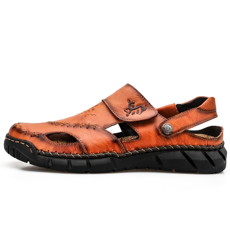 2026 New Summer Men's Genuine Leather Stitched Sandals & Slides