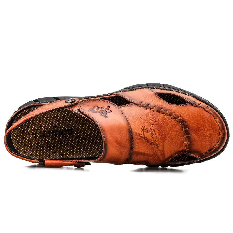 2026 New Summer Men's Genuine Leather Stitched Sandals & Slides
