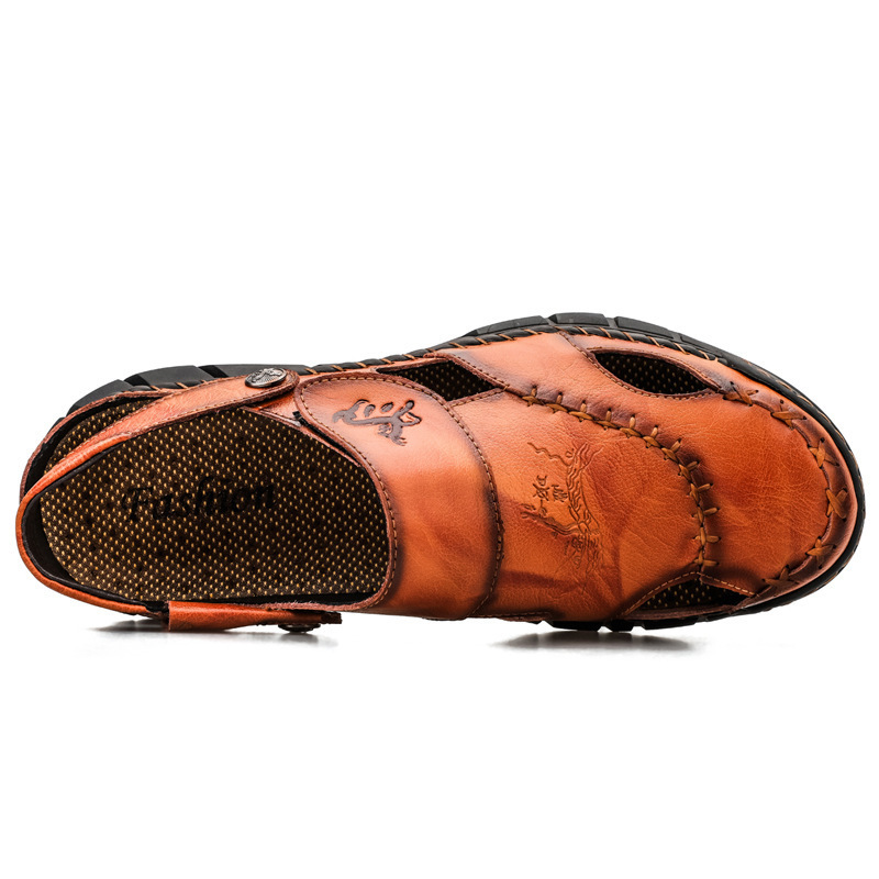 2026 New Summer Men's Genuine Leather Stitched Sandals & Slides