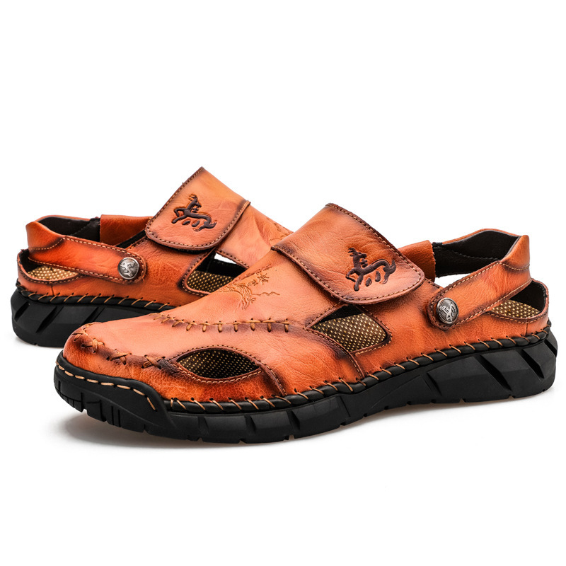 2026 New Summer Men's Genuine Leather Stitched Sandals & Slides