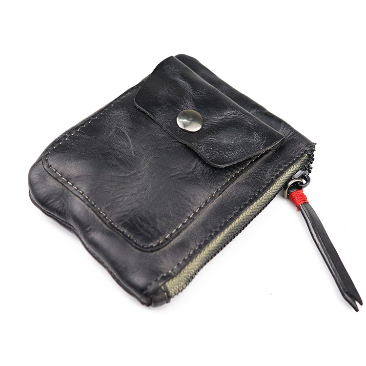 Genuine leather zipper thin simple pleated coin purse card holder