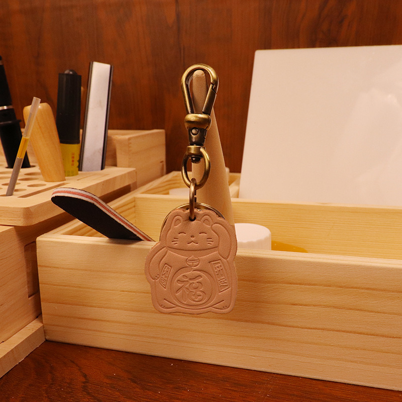 New Chinese style keychain vintage cowhide vegetable tanned leather pendant