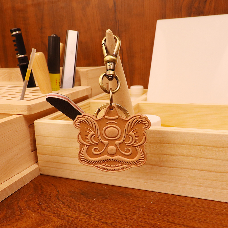 New Chinese style keychain vintage cowhide vegetable tanned leather pendant