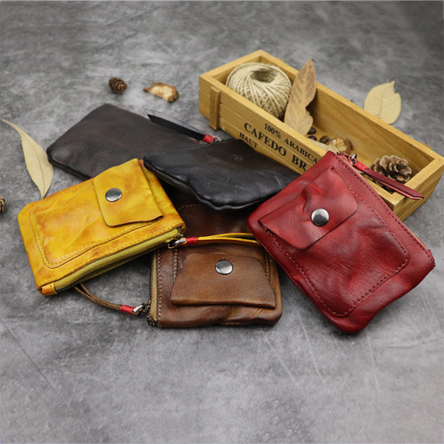 Genuine leather zipper thin simple pleated coin purse card holder