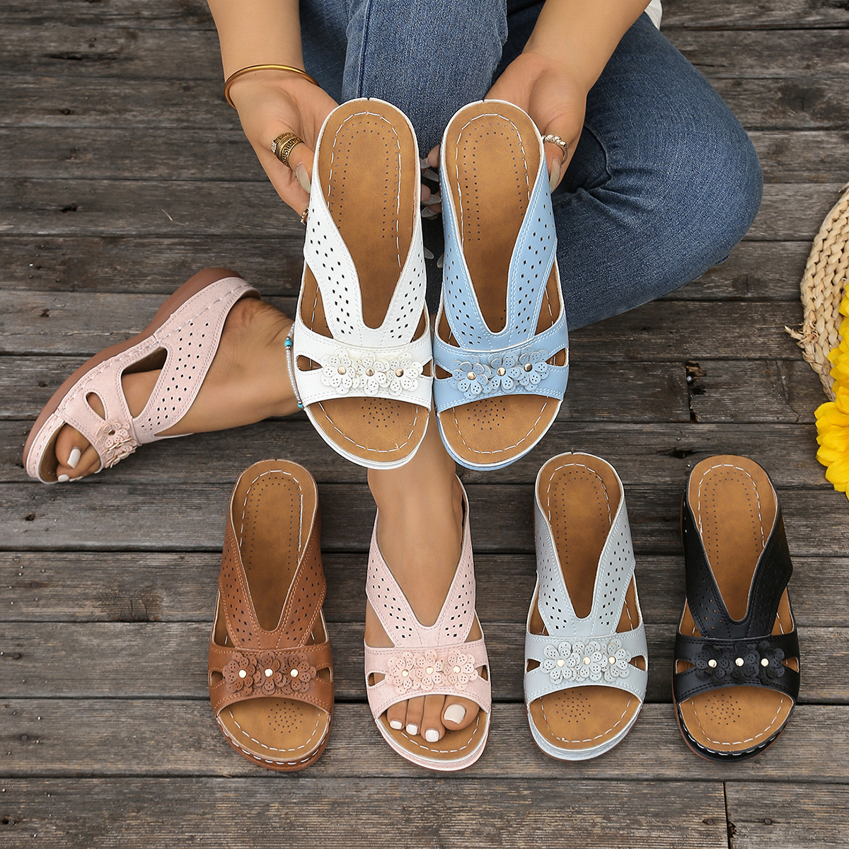 Wedge-heeled Thick-soled Hollow Rivet Flower Slippers