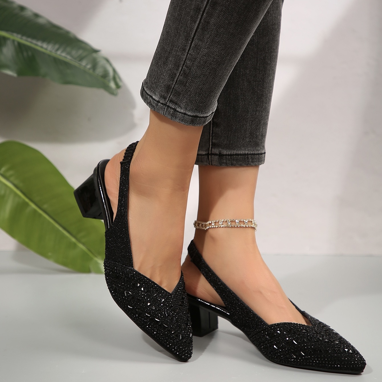 Women'S Elegant Rhinestone Slip On Heel Sandals