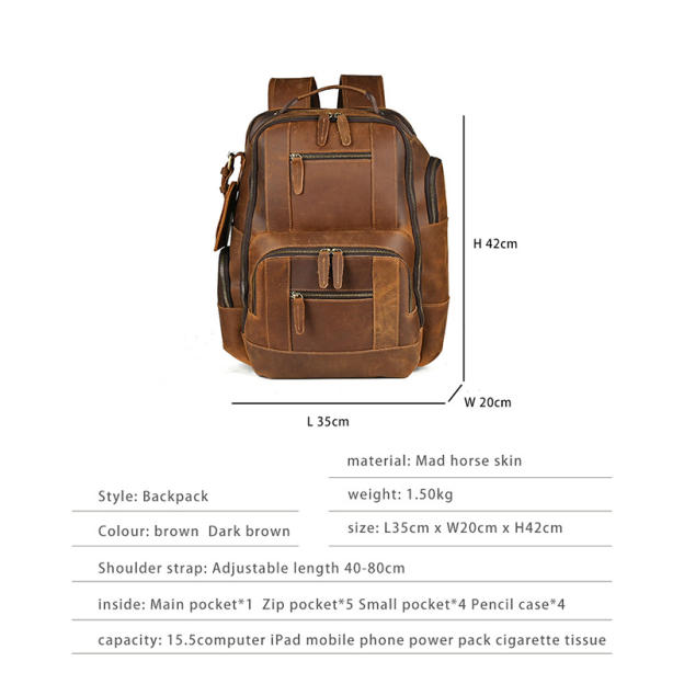 Men's 15.6-inch Large Capacity Retro Leather Backpack