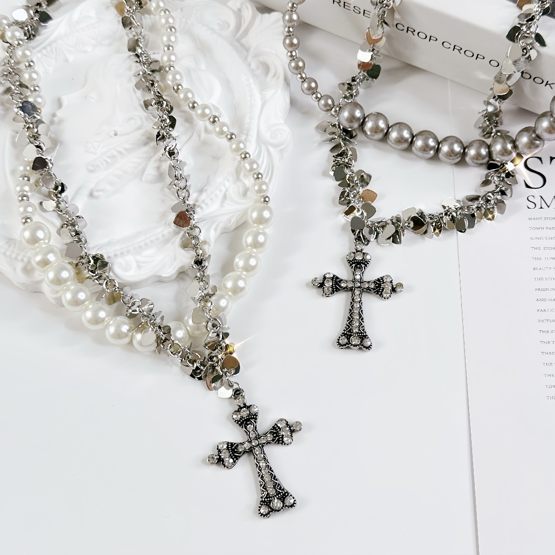 Sequin Beaded Double Layer Cross Necklace