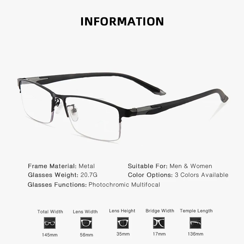 METAL ULTRA-LIGHT HALF-FRAME PHOTOCHROMIC MULTIFOCAL GLASSES
