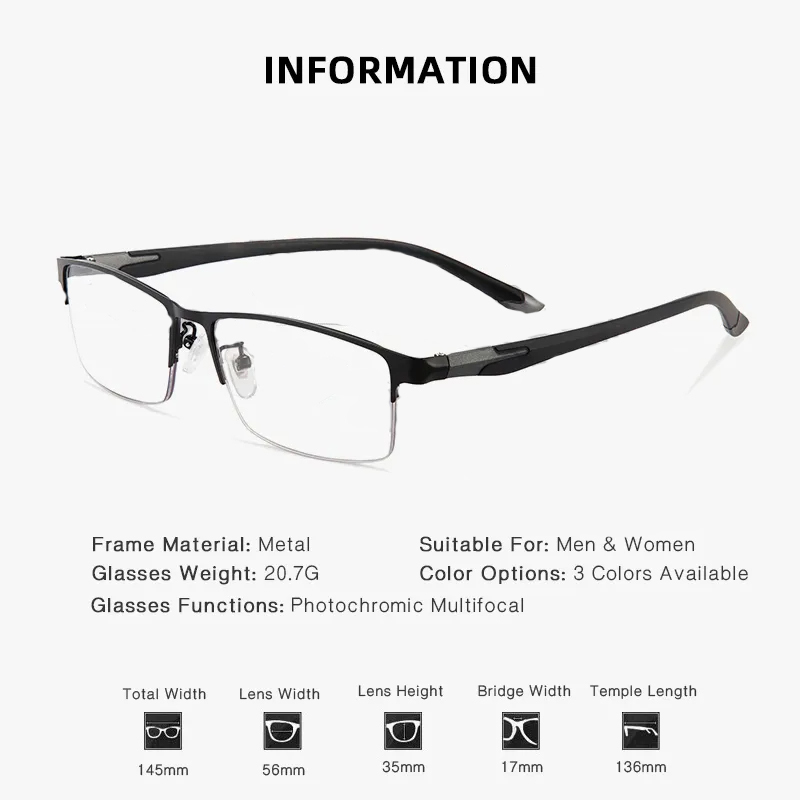 METAL ULTRA-LIGHT HALF-FRAME PHOTOCHROMIC MULTIFOCAL GLASSES