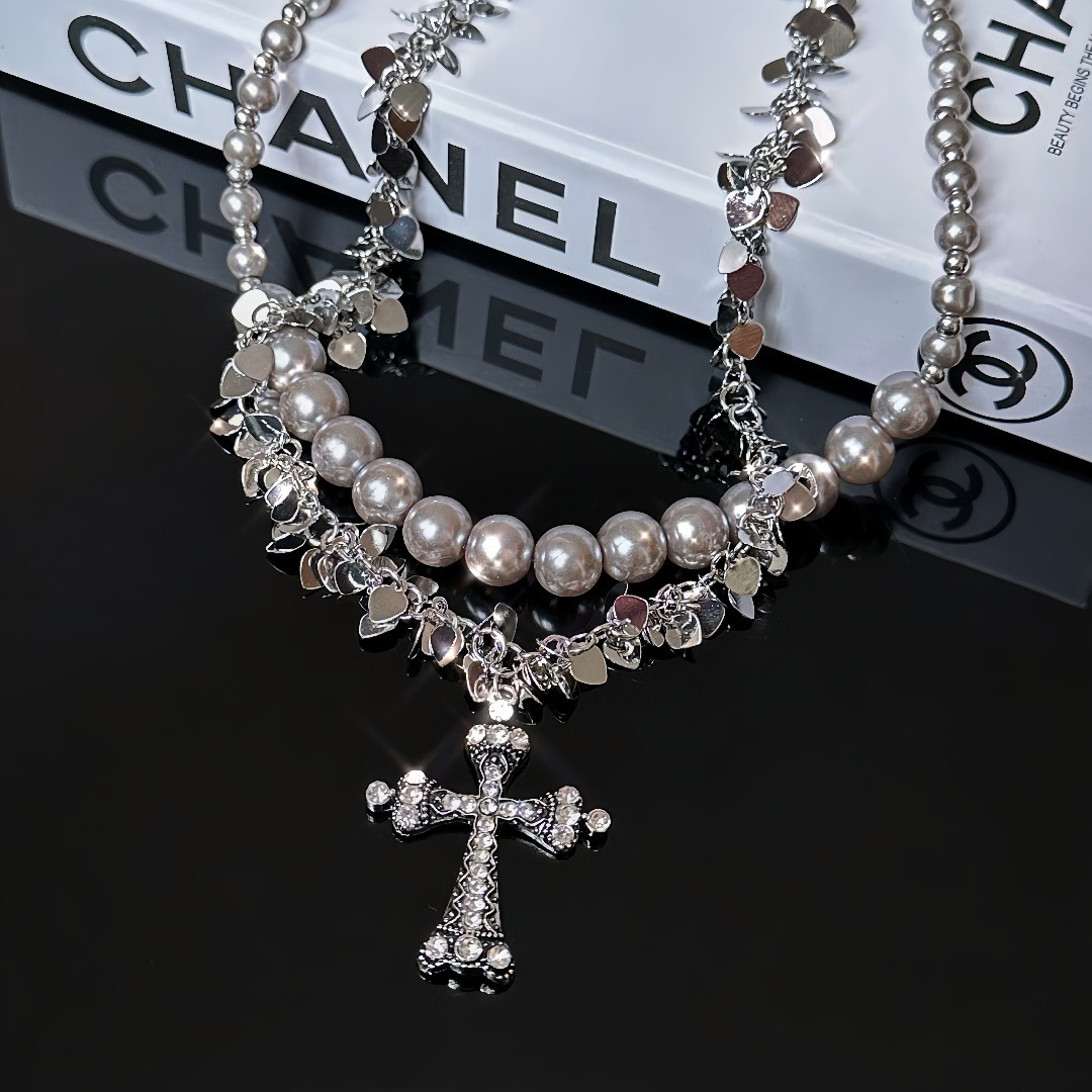 Sequin Beaded Double Layer Cross Necklace