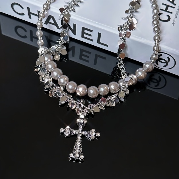 Sequin Beaded Double Layer Cross Necklace