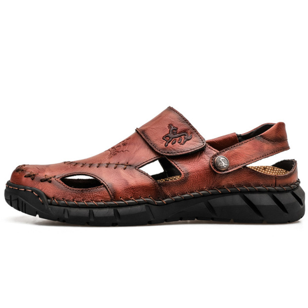 2026 New Summer Men's Genuine Leather Stitched Sandals & Slides
