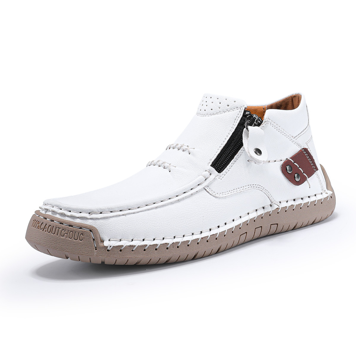 High-top flat hand-stitched leather shoes