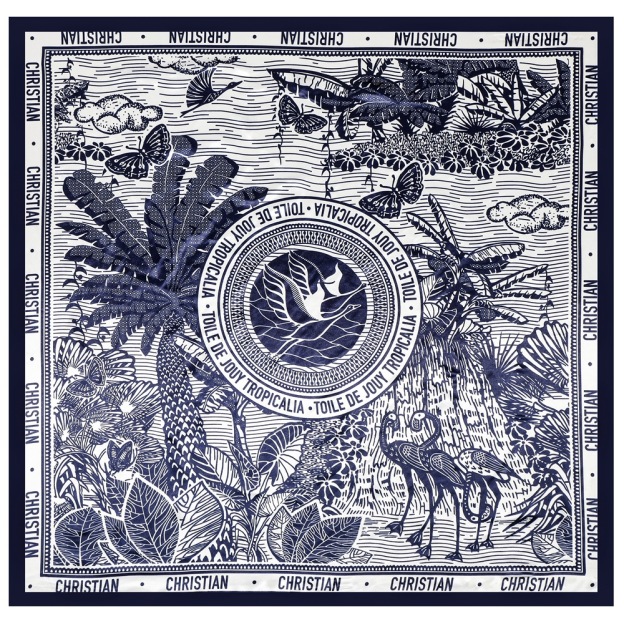 Retro blue-line printed silk scarf