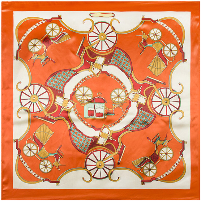 Orange horse-drawn carriage pattern square silk scarf
