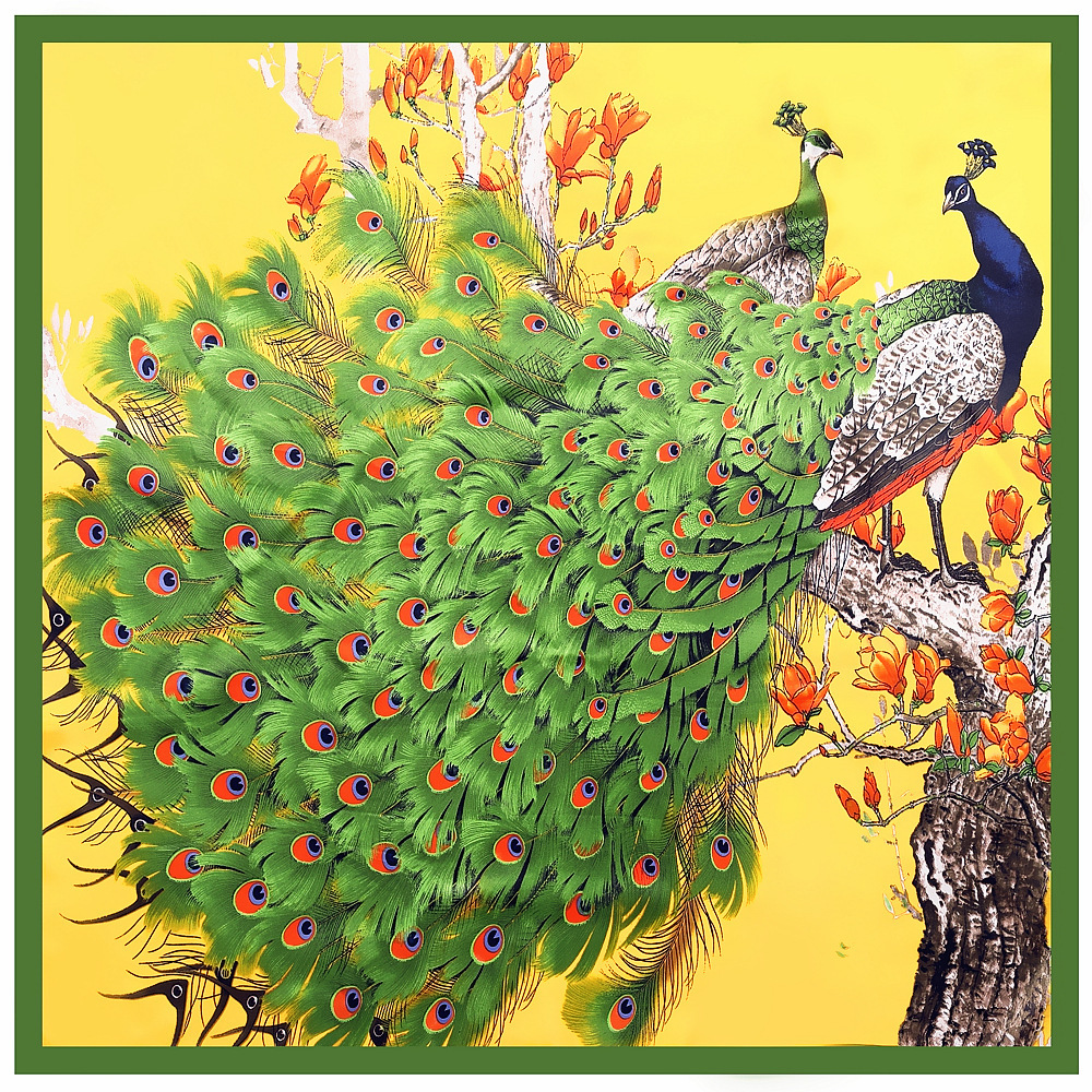 Square silk scarf with peacock pattern