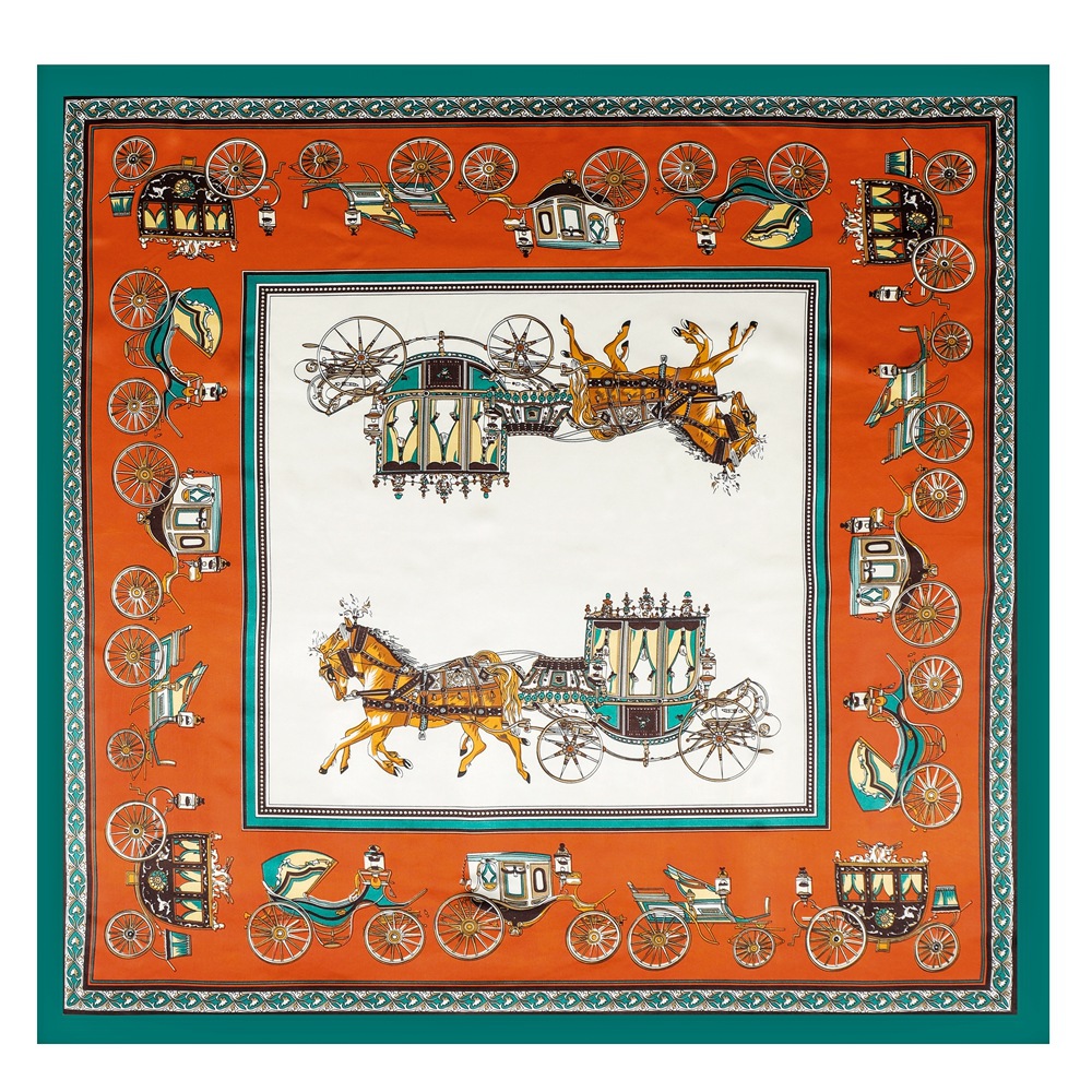 Square silk scarf with carriage pattern