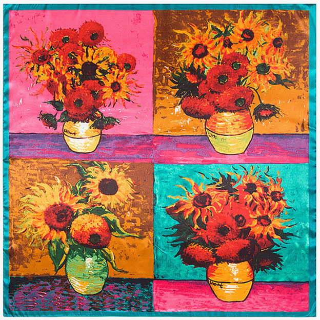 Sunflower oil painting style square silk scarf
