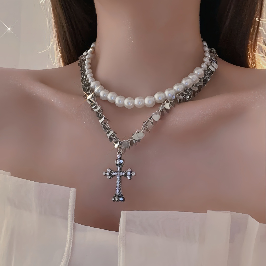Sequin Beaded Double Layer Cross Necklace