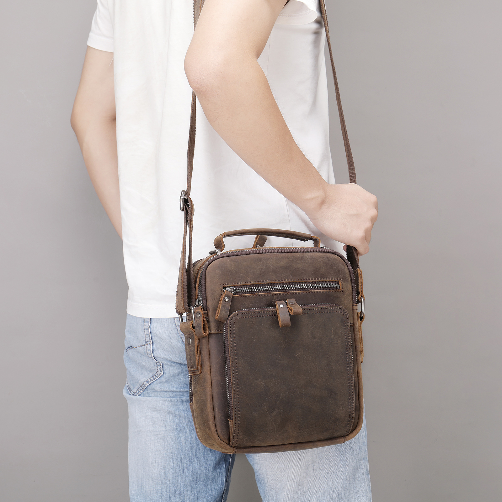 Men's Bag Multi Functional Cowhide Leather Crossbody Bag