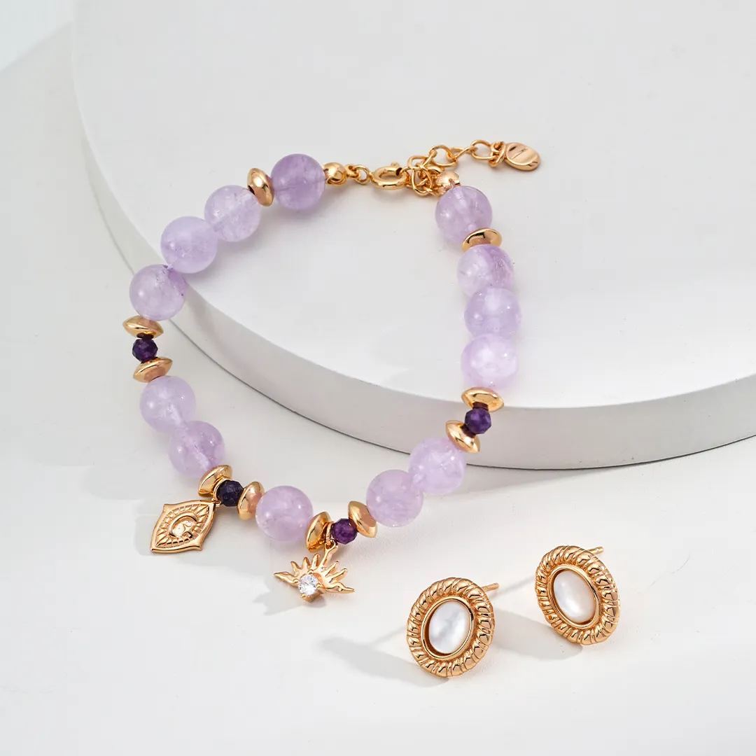 S925 silver natural banana grass amethyst faceted round beads zircon bracelet