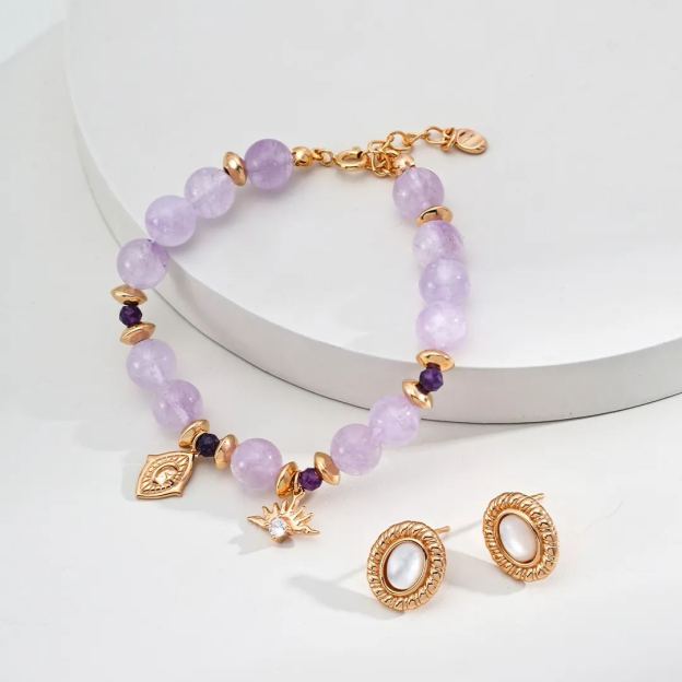 S925 silver natural banana grass amethyst faceted round beads zircon bracelet