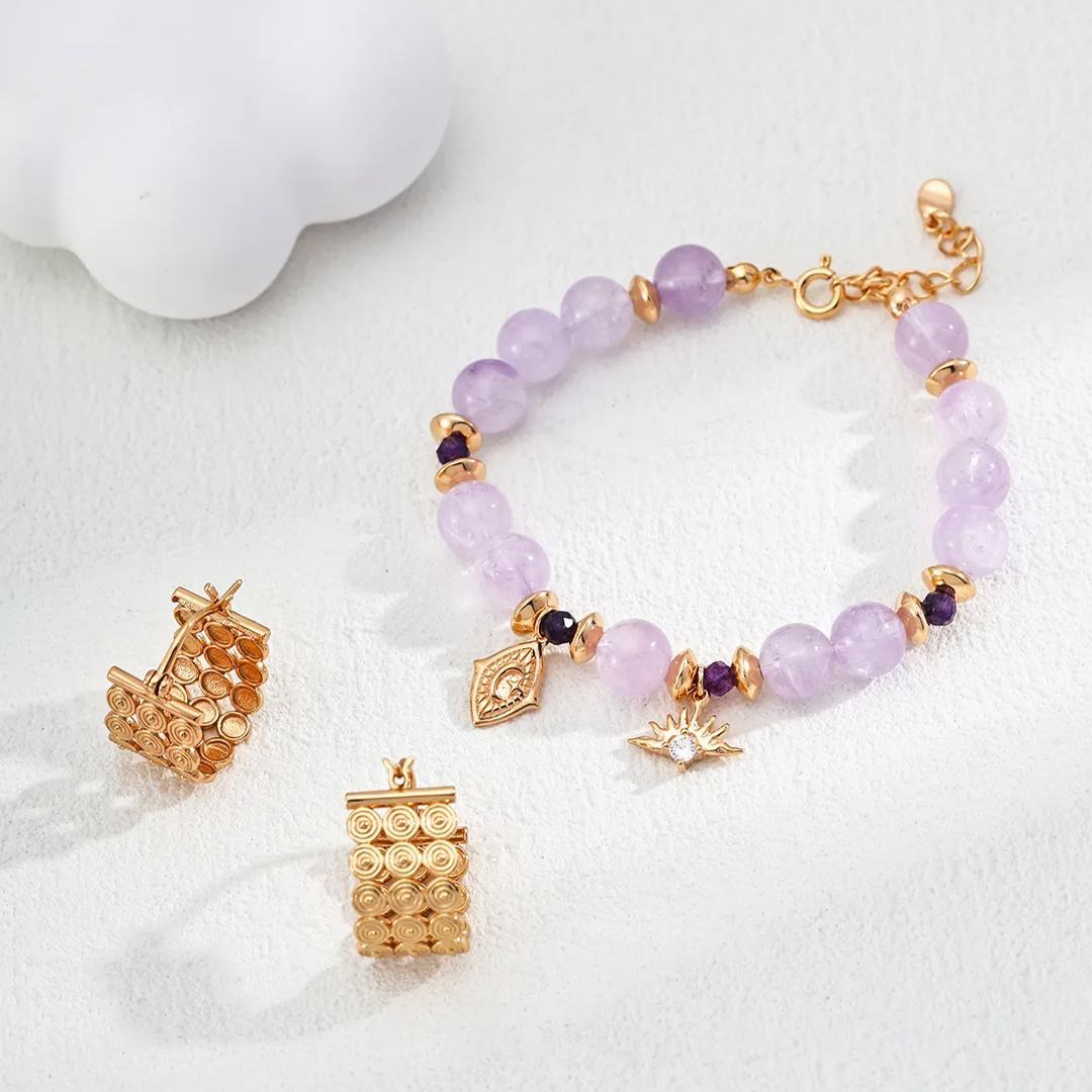 S925 silver natural banana grass amethyst faceted round beads zircon bracelet