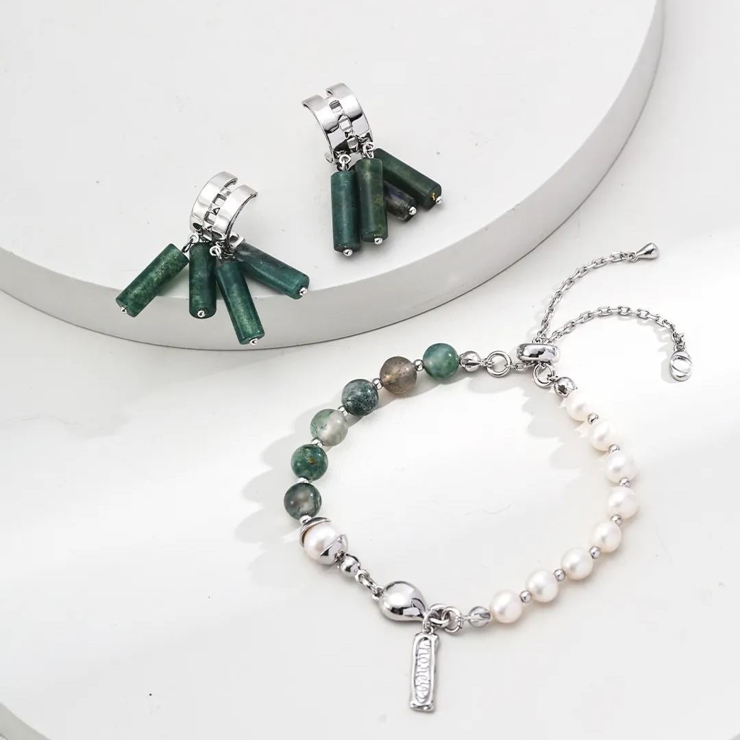 925 silver vintage natural pearl water grass agate strawberry crystal bracelet