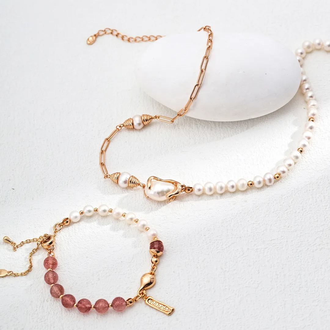 925 silver vintage natural pearl water grass agate strawberry crystal bracelet