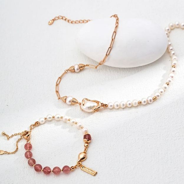 925 silver vintage natural pearl water grass agate strawberry crystal bracelet