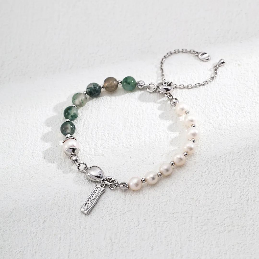 925 silver vintage natural pearl water grass agate strawberry crystal bracelet