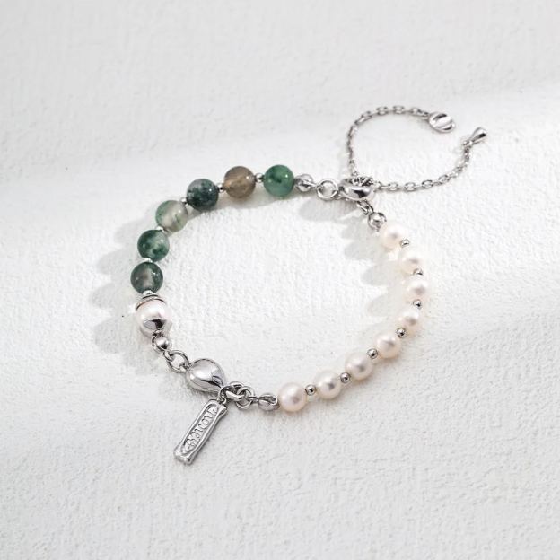 925 silver vintage natural pearl water grass agate strawberry crystal bracelet