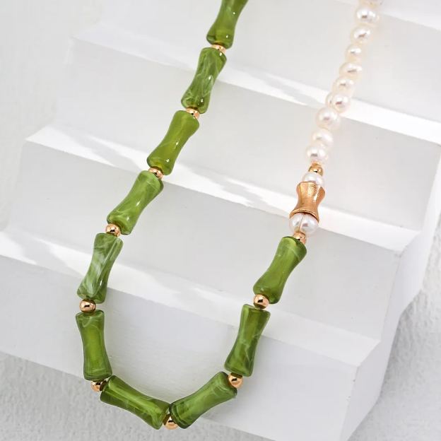 s925 sterling silver bamboo pearl necklace