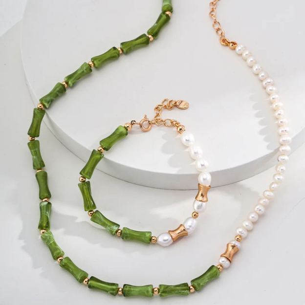 s925 sterling silver bamboo pearl necklace