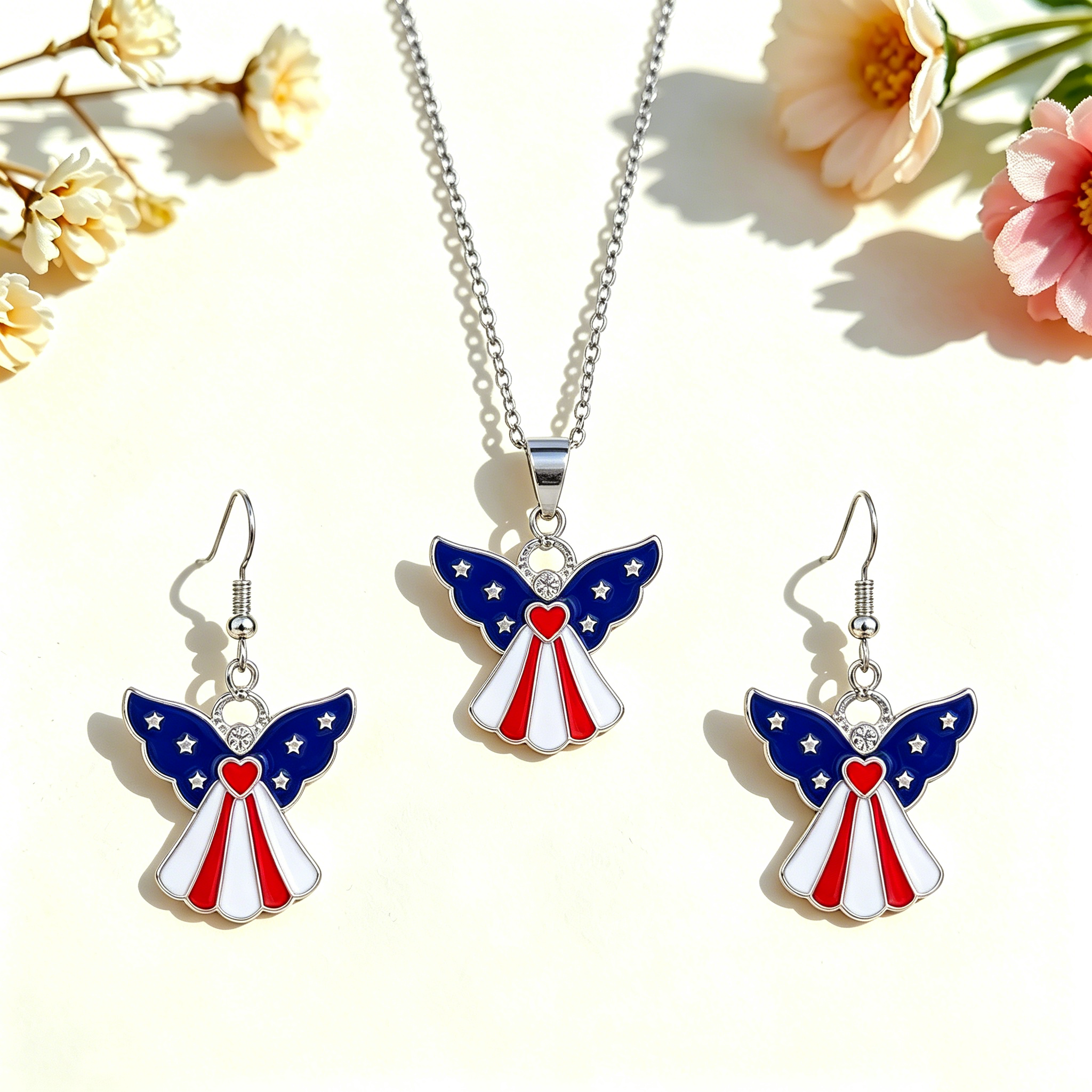 Independence Day Pendant Earrings Necklace Angel Set