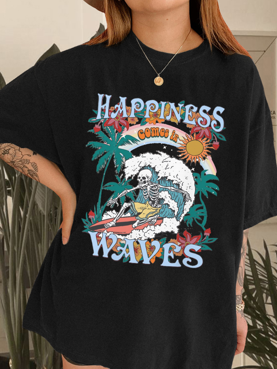 Happiness Comes in Waves Skeleton Surfing T-Shirt