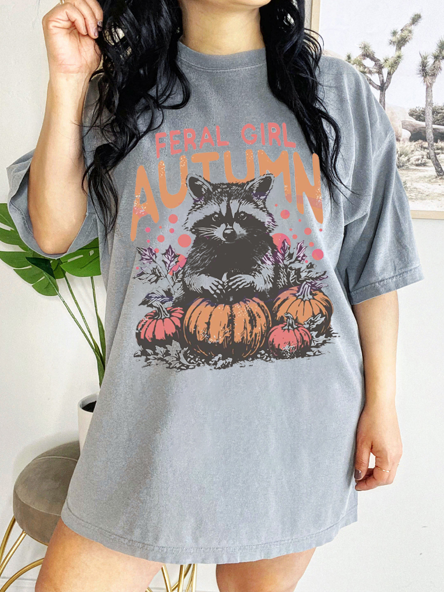 Vintage Feral Girl Autumn Raccoon T-Shirt