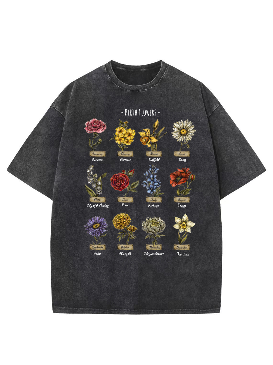 Vintage Birth Flowers Boho Washed T-Shirt