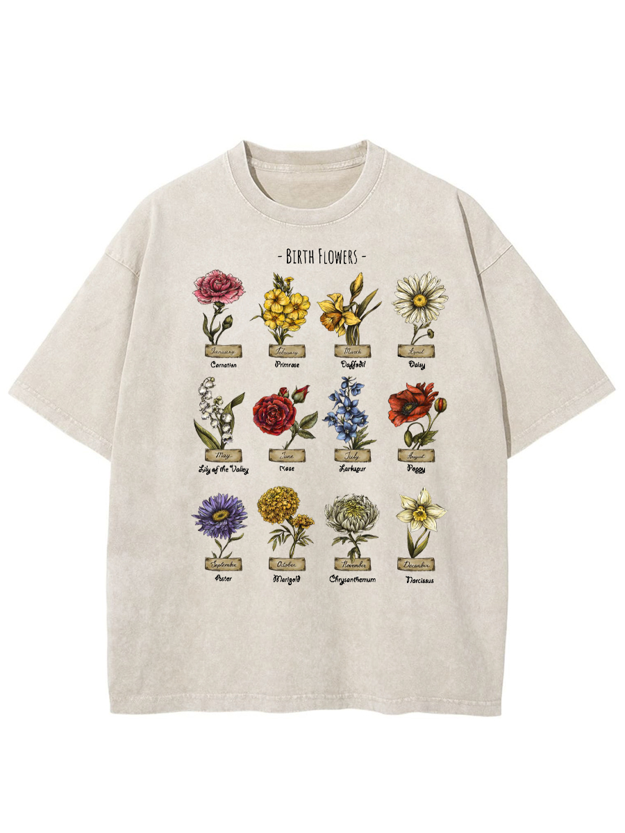Vintage Birth Flowers Boho Washed T-Shirt