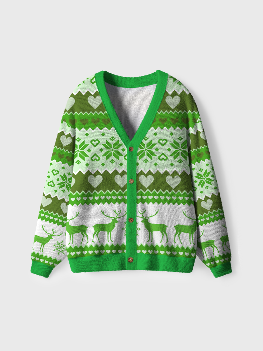 Vintage Green Heart-Shaped Snowflake Christmas Ugly Cardigan Sweaters