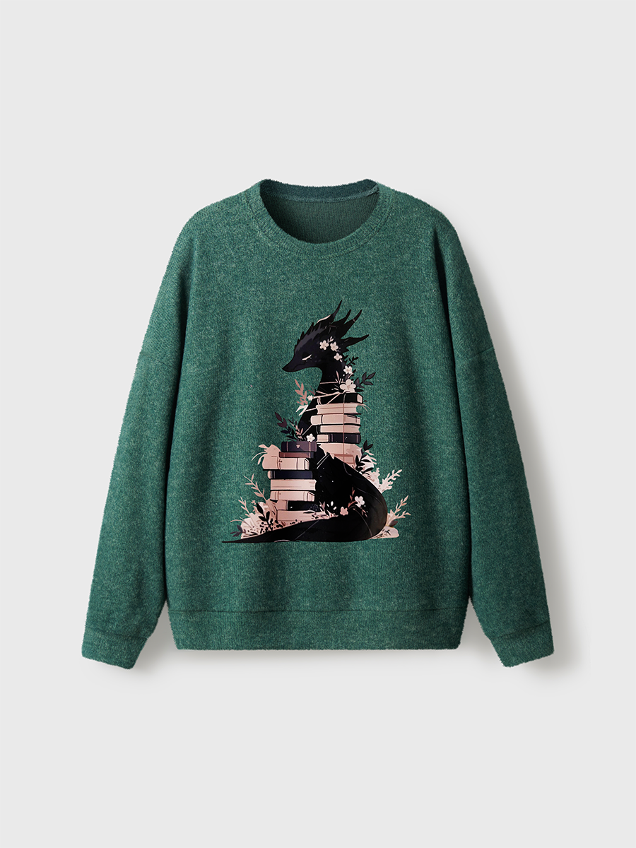 Vintage Book Dragon Fantasy Reader Fuzzy Sweater