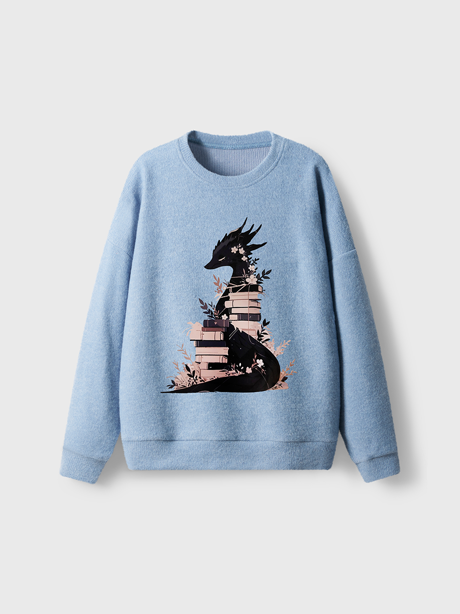 Vintage Book Dragon Fantasy Reader Fuzzy Sweater