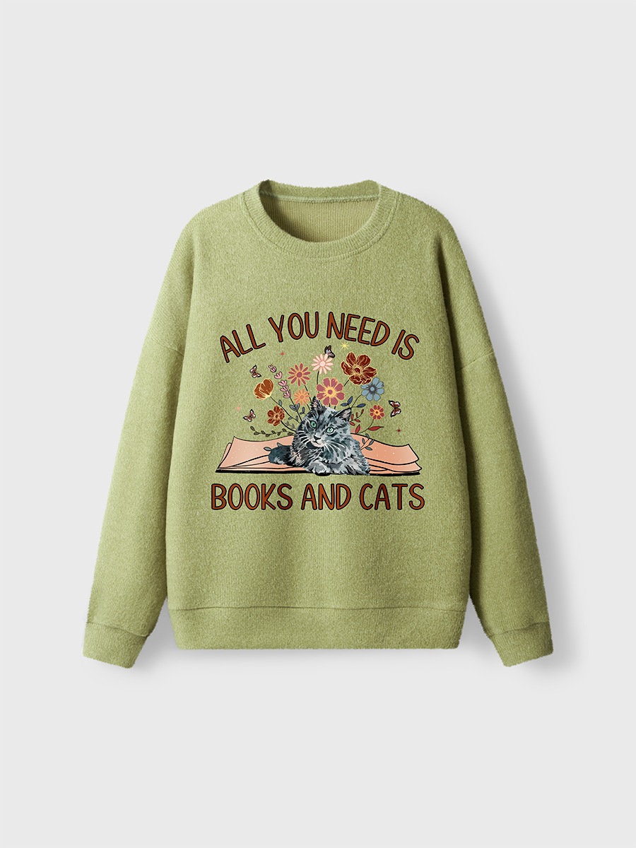 Vintage All You Need Is Books And Cats Fuzzy Sweater