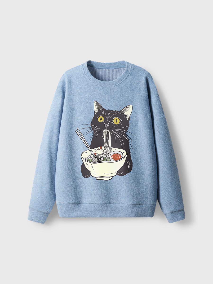 Vintage Funny Cat Eating Noodles Fuzzy Sweater