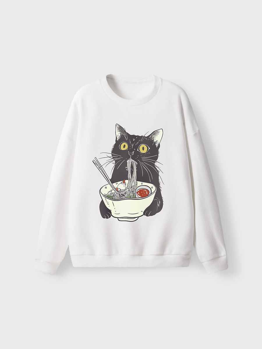 Vintage Funny Cat Eating Noodles Fuzzy Sweater