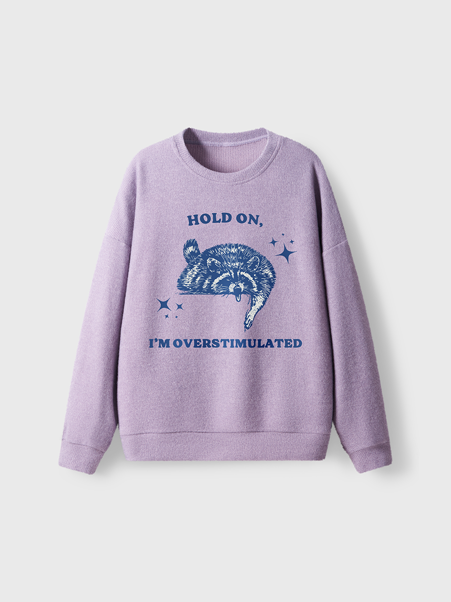 Vintage Hold On I'M Overstimulated Raccoon Fuzzy Sweater