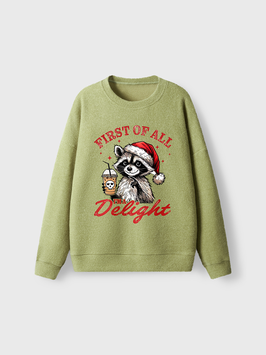 Vintage First Of All I Am Delight Christmas Raccoon Fuzzy Sweater