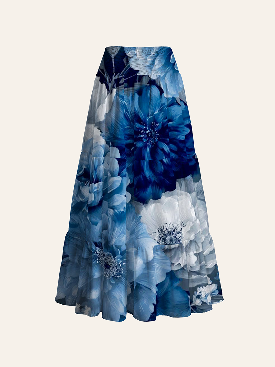 Indigo Blue and White Peony Watercolor Convertible Maxi Skirts