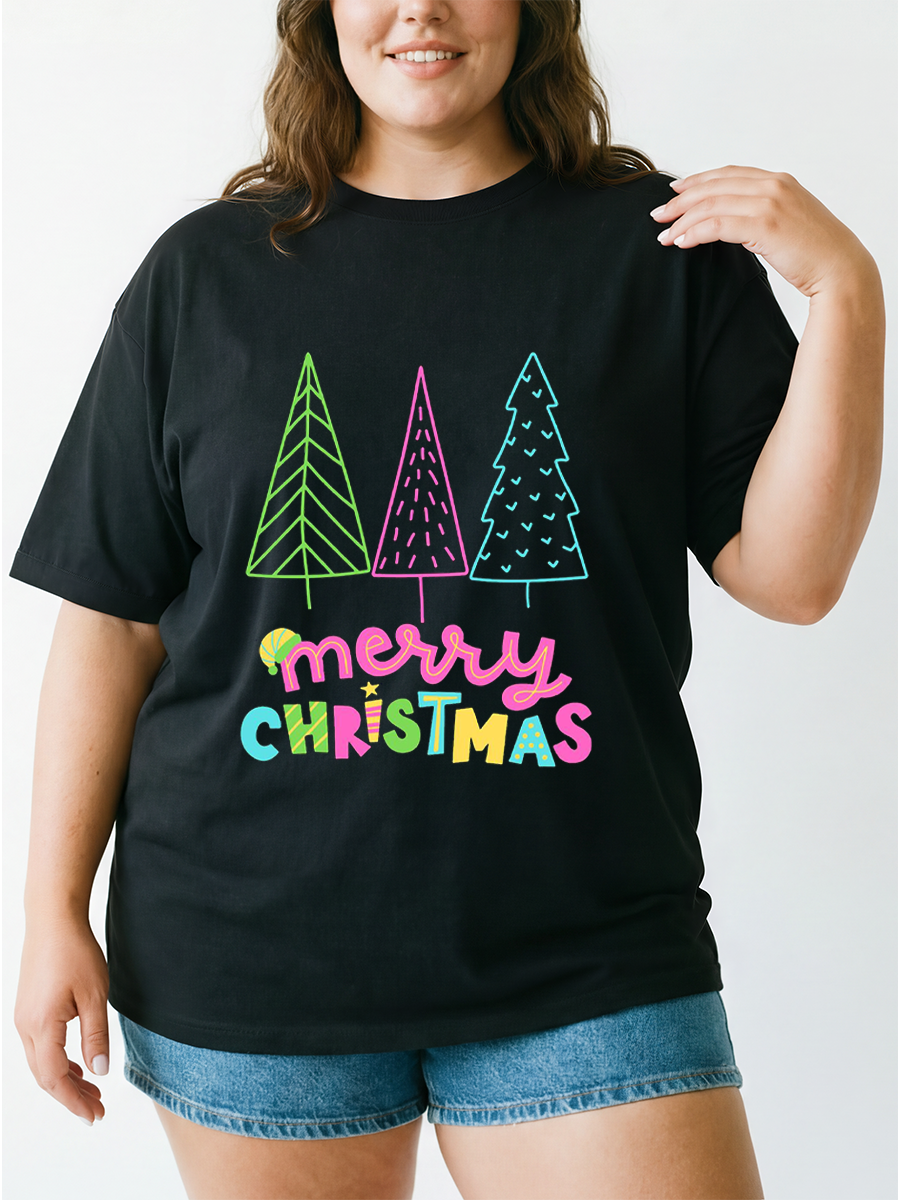 Vintage Colorful Christmas Tree Oversize Graphic Tee